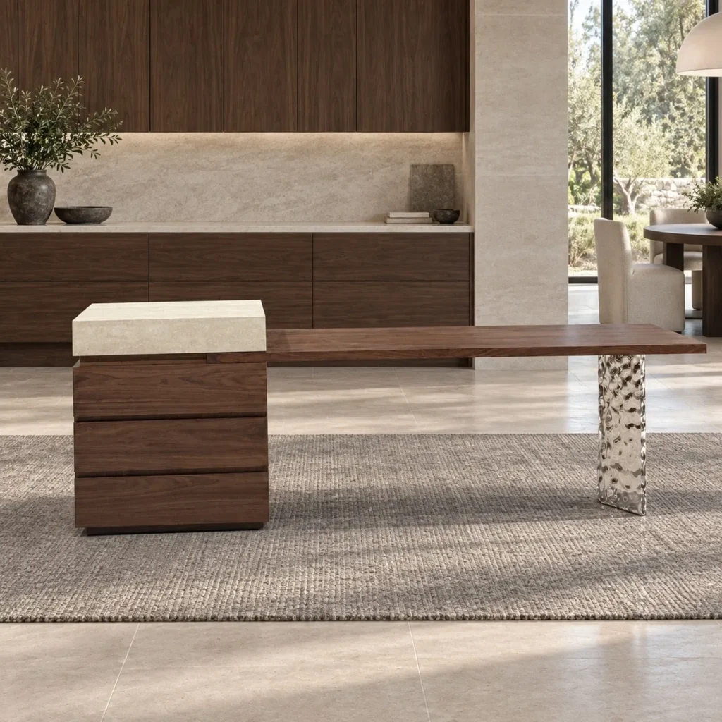 Walnut Cantilevered Island Dining Table with Stone Cube Base in walnut — front view