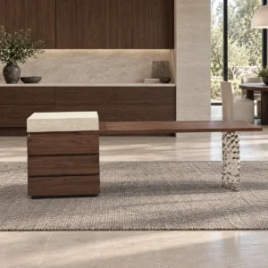 Walnut Cantilevered Island Dining Table with Stone Cube Base in walnut — front view