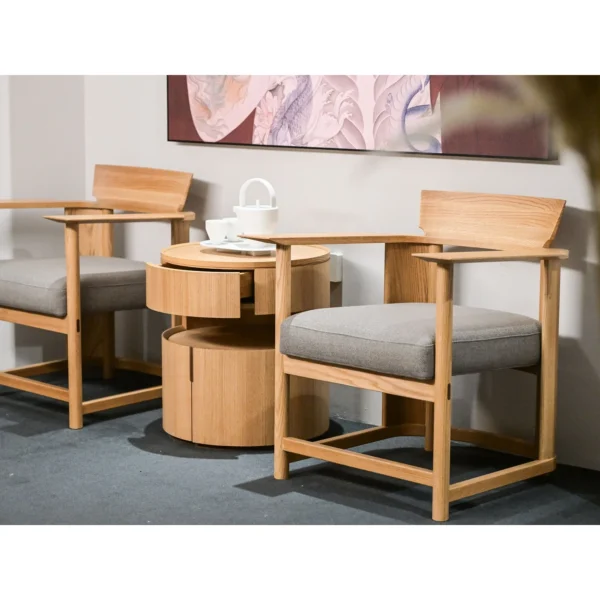 Open Mouth Solid Wood Nightstand with Three Storage Levels in natural oak — in a room setting