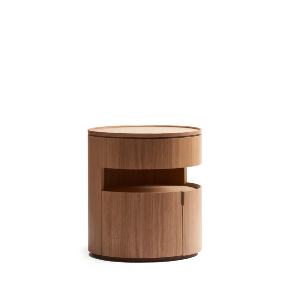 Open Mouth Solid Wood Nightstand with Three Storage Levels in natural oak — in a room setting