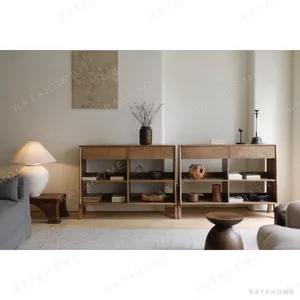 Open Two-Drawer Display Cabinet in Weathered Wood — in a room setting