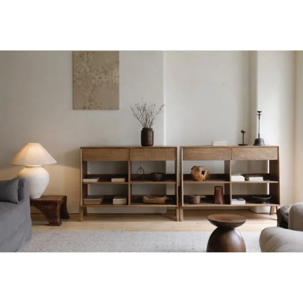 Open Two-Drawer Display Cabinet in Weathered Wood — in a room setting