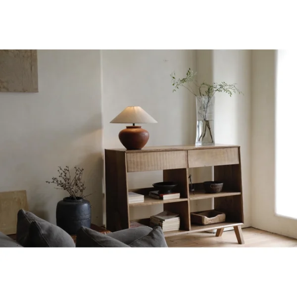 Open Two-Drawer Display Cabinet in Weathered Wood — in a room setting