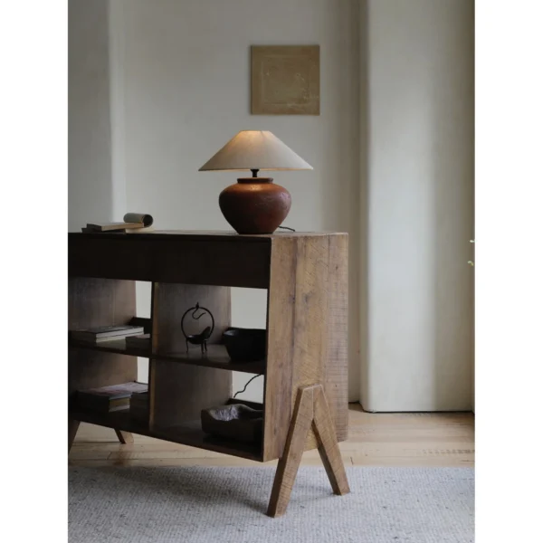 Open Two-Drawer Display Cabinet in Weathered Wood — in a room setting