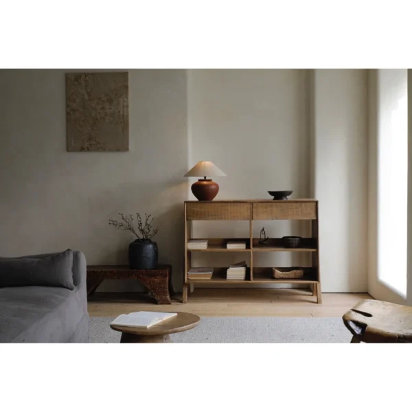 Open Two-Drawer Display Cabinet in Weathered Wood — in a room setting
