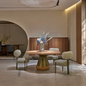 Orange Ice Jade Round Dining Table on Sculpted Stone Base in rust — front view