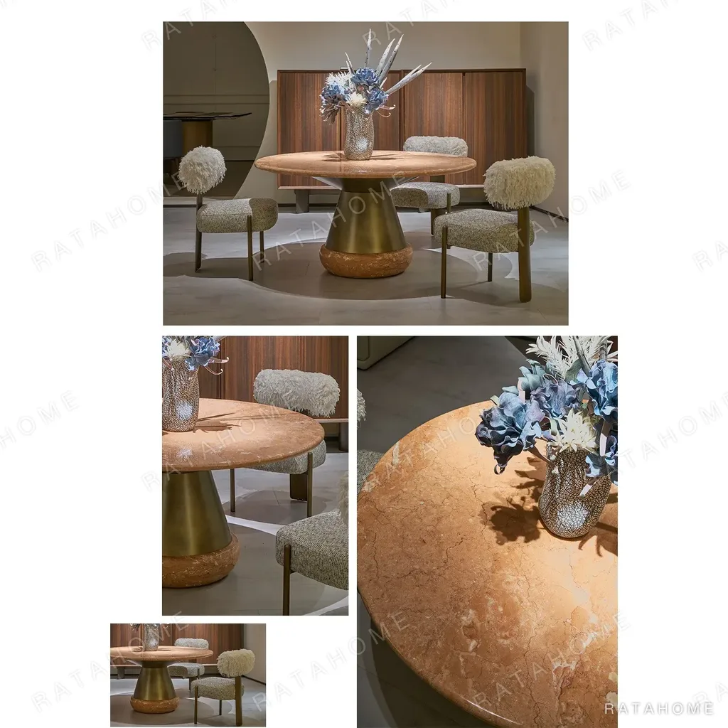 Orange Ice Jade Round Dining Table on Sculpted Stone Base in rust — in a room setting