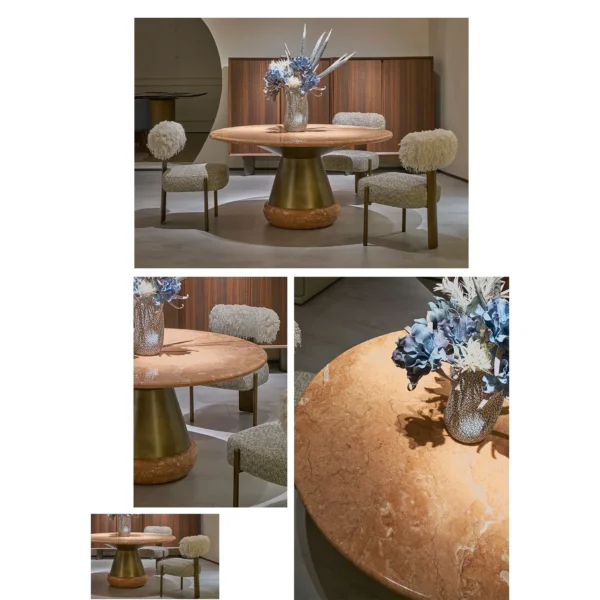 Orange Ice Jade Round Dining Table on Sculpted Stone Base in rust — in a room setting