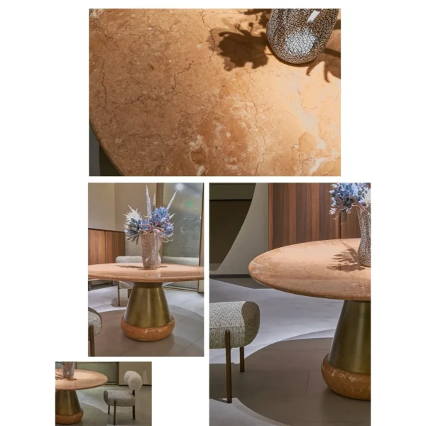 Orange Ice Jade Round Dining Table on Sculpted Stone Base in rust — in a room setting