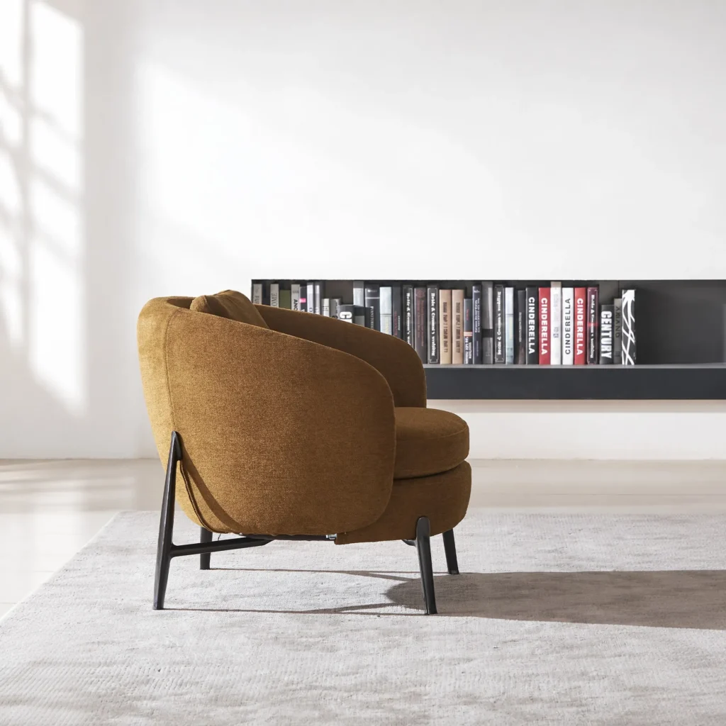 Curved Lounge Chair in Caramel Chenille, 85 cm — front view