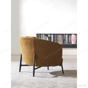 Curved Lounge Chair in Caramel Chenille, 85 cm — in a room setting