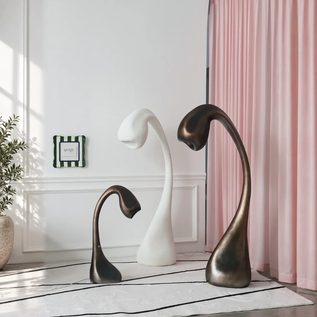 Swan Neck Sculptural Lamp Set in White and Bronze — front view