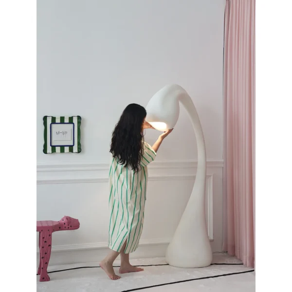 Swan Neck Sculptural Lamp Set in White and Bronze — in a room setting