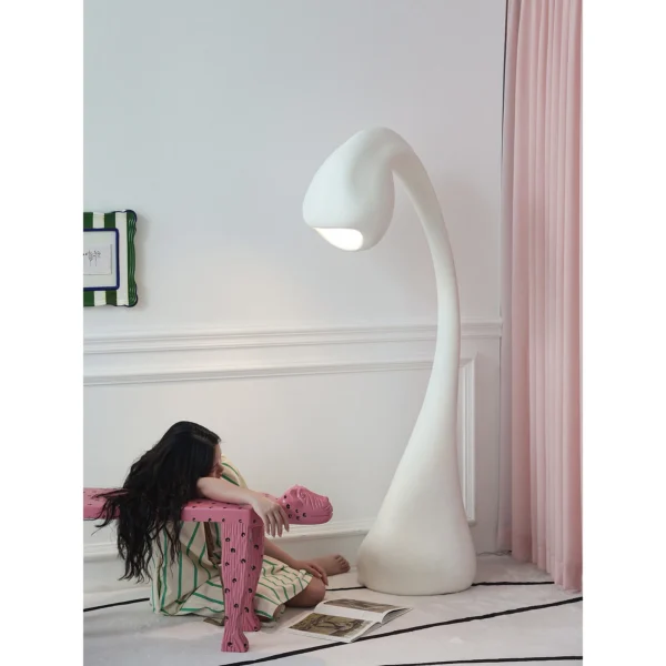 Swan Neck Sculptural Lamp Set in White and Bronze — in a room setting