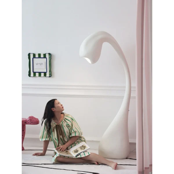Swan Neck Sculptural Lamp Set in White and Bronze — in a room setting