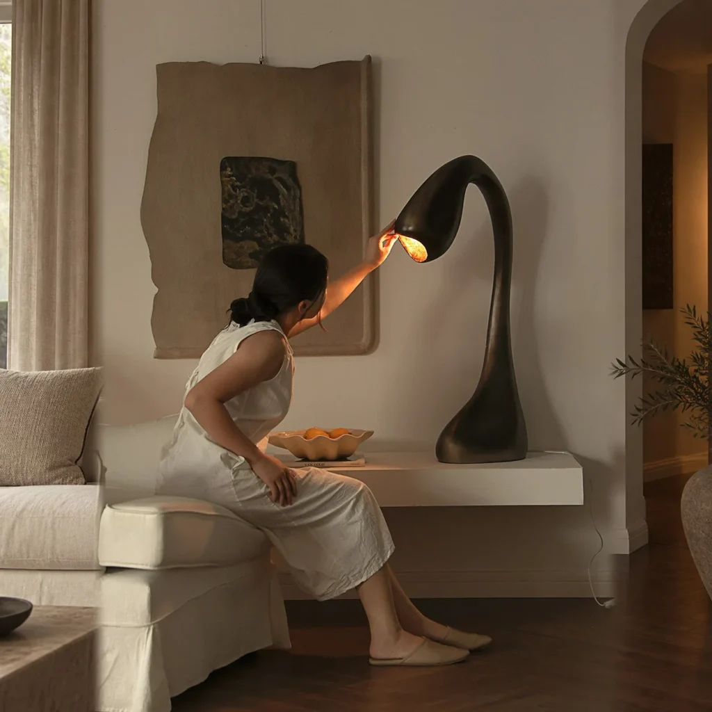 Swan Neck Sculptural Floor Lamp in Bronze — front view