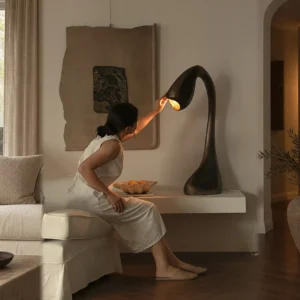 Swan Neck Sculptural Floor Lamp in Bronze — front view
