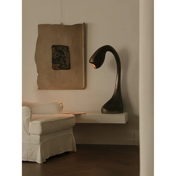 Swan Neck Sculptural Floor Lamp in Bronze — in a room setting