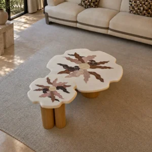 Petal Marble Marquetry Nesting Coffee Table Set in ivory — front view