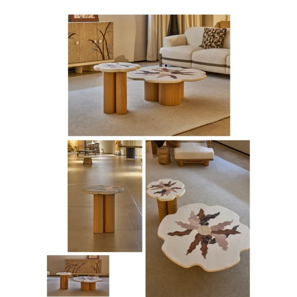 Petal Marble Marquetry Nesting Coffee Table Set in ivory — in a room setting
