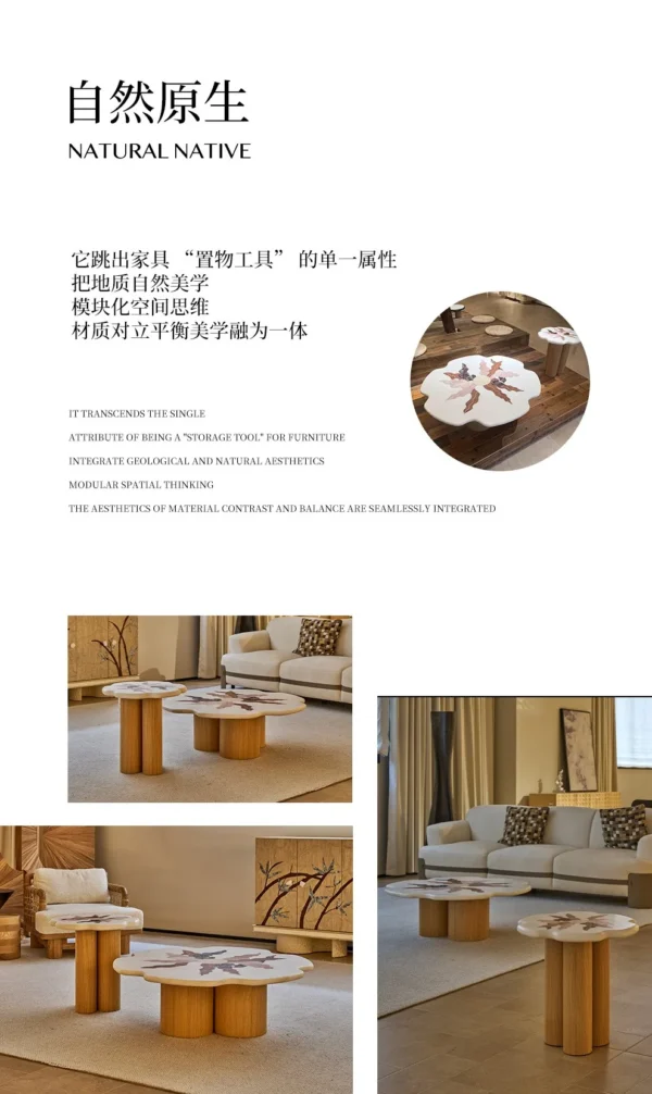 Petal Marble Marquetry Nesting Coffee Table Set in ivory — in a room setting
