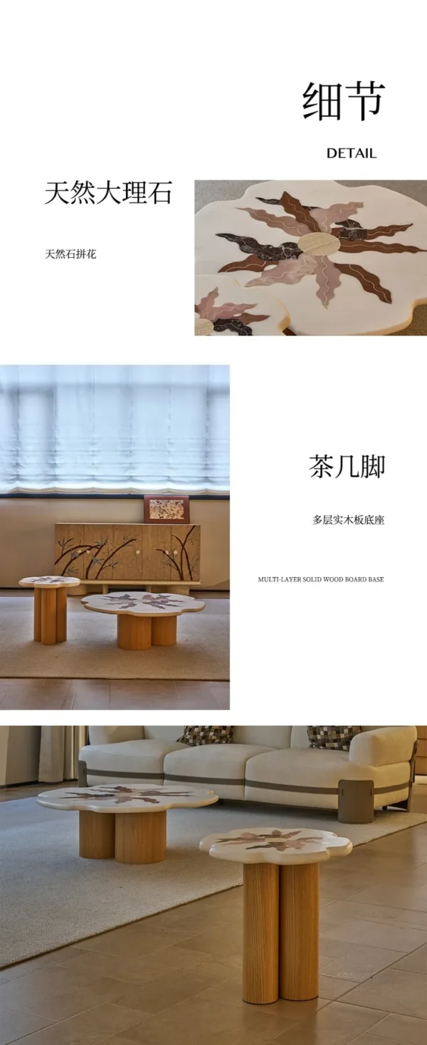 Petal Marble Marquetry Nesting Coffee Table Set in ivory — in a room setting