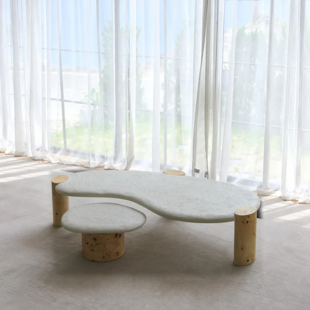 Organic White Stone Coffee Table Pair on Burl Cylinder Legs in ivory — front view