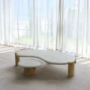 Organic White Stone Coffee Table Pair on Burl Cylinder Legs in ivory — front view