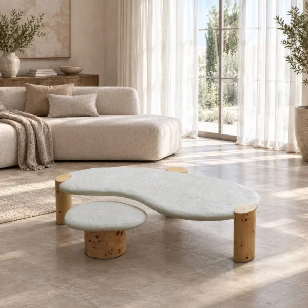 Organic White Stone Coffee Table Pair on Burl Cylinder Legs in ivory — in a room setting