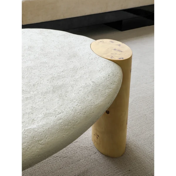 Organic White Stone Coffee Table Pair on Burl Cylinder Legs in ivory — in a room setting