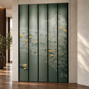 Embroidered Six-Panel Upholstered Screen in olive — front view