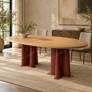 Oriental Marquetry Oval Table on Red Lacquered Metal Legs in red — in a room setting