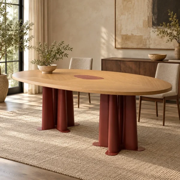 Oriental Marquetry Oval Table on Red Lacquered Metal Legs in red — in a room setting