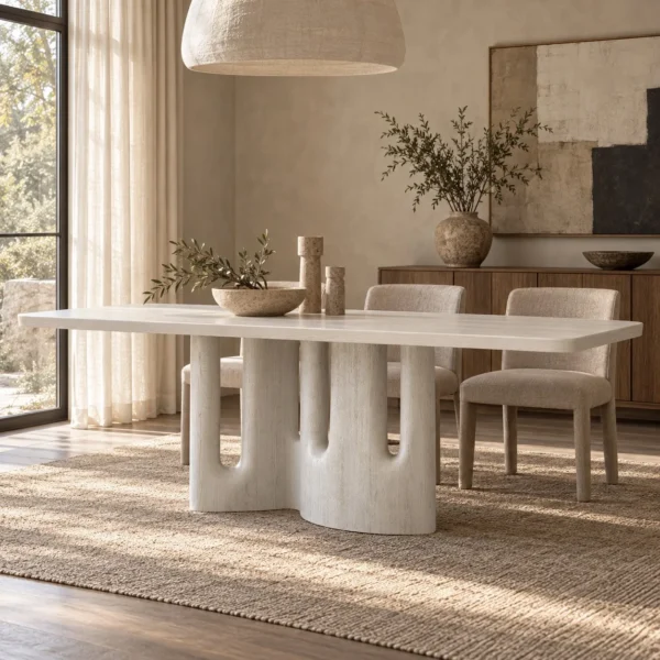 White Long Dining Table on Fluted Arch Base in ivory — in a room setting