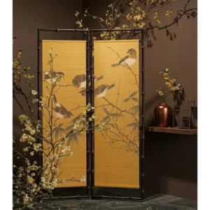 Osmanthus Golden Bamboo Two-Panel Folding Screen in mustard — front view