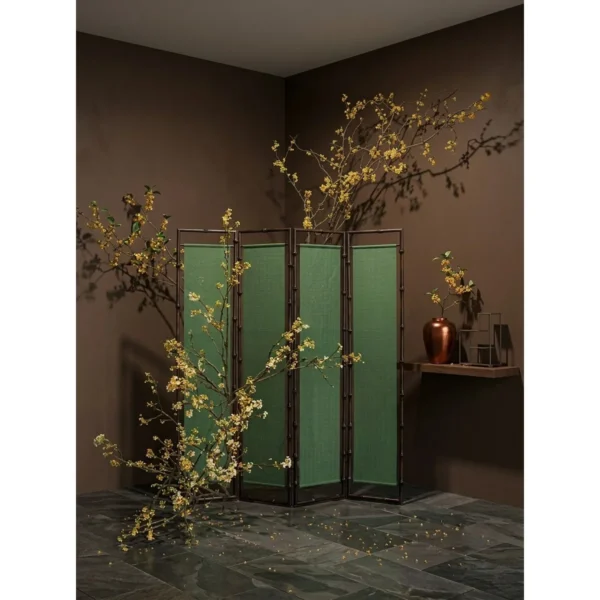 Osmanthus Golden Bamboo Two-Panel Folding Screen in mustard — in a room setting