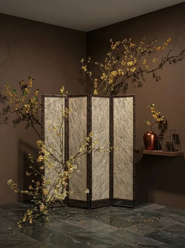 Osmanthus Golden Bamboo Two-Panel Folding Screen in mustard — in a room setting