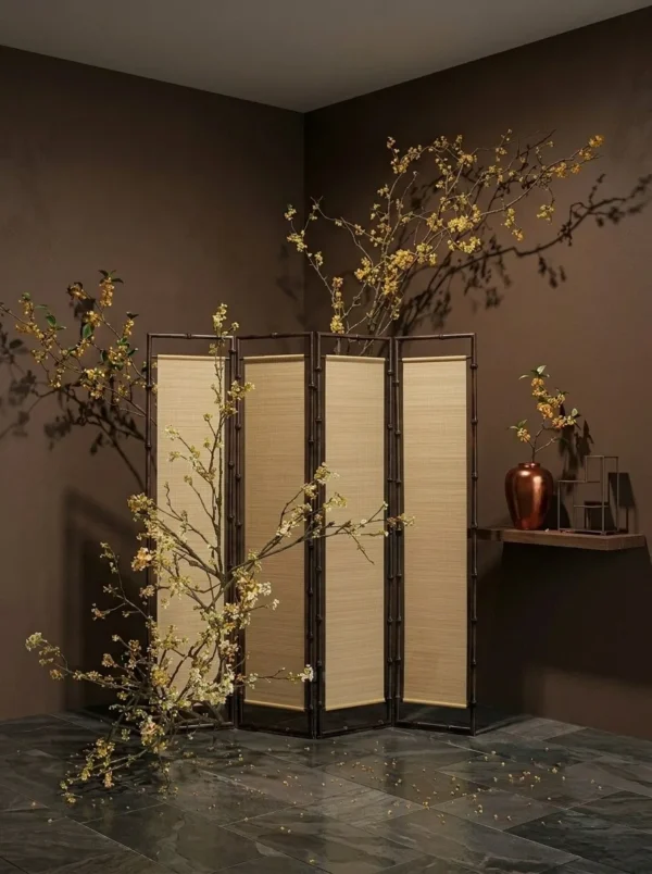 Osmanthus Golden Bamboo Two-Panel Folding Screen in mustard — in a room setting