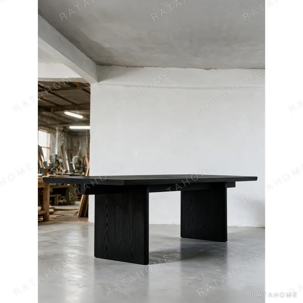 Otoko Black Ash Dining Table with Bridged Panel Legs in black — in a room setting
