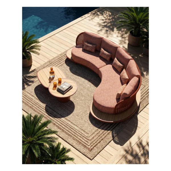 Outdoor Curved Rope Sofa in rust — in a room setting