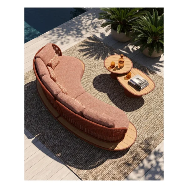 Outdoor Curved Rope Sofa in rust — in a room setting