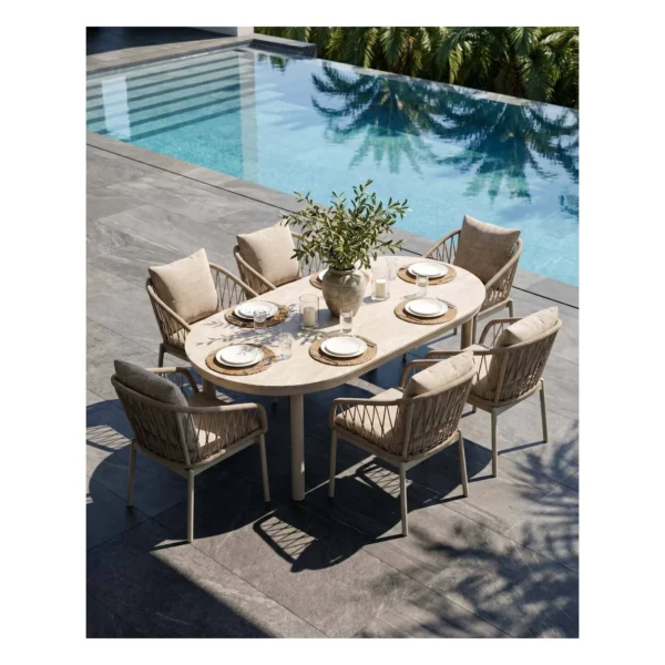 Outdoor Oval Dining Set with Rope Chairs in Cream — in a room setting