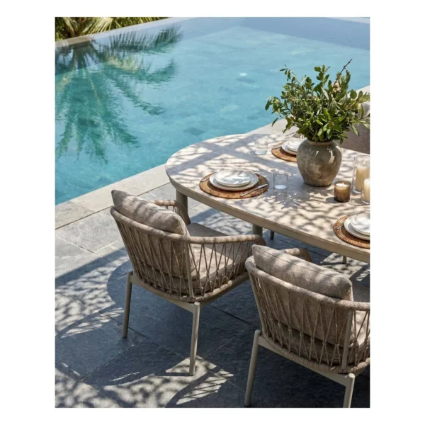 Outdoor Oval Dining Set with Rope Chairs in Cream — in a room setting