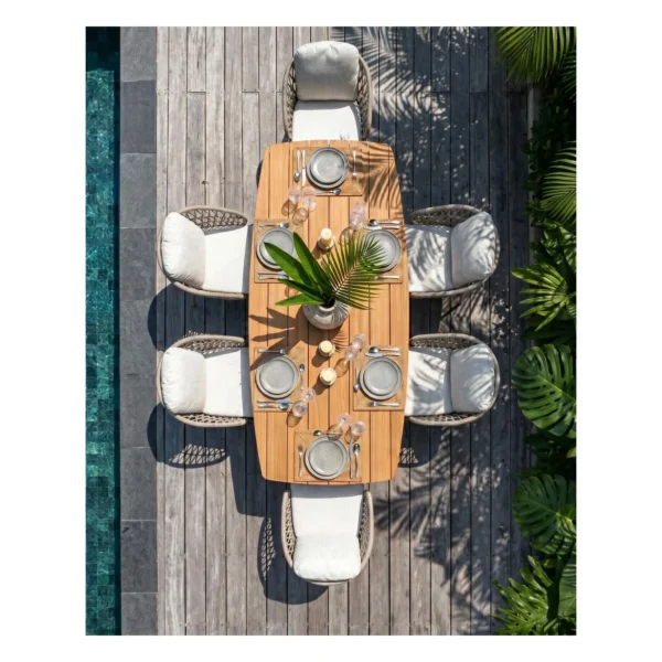 Outdoor Teak Top Dining Set in clay — in a room setting