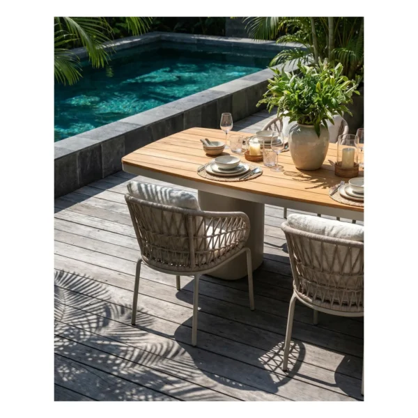 Outdoor Teak Top Dining Set in clay — in a room setting
