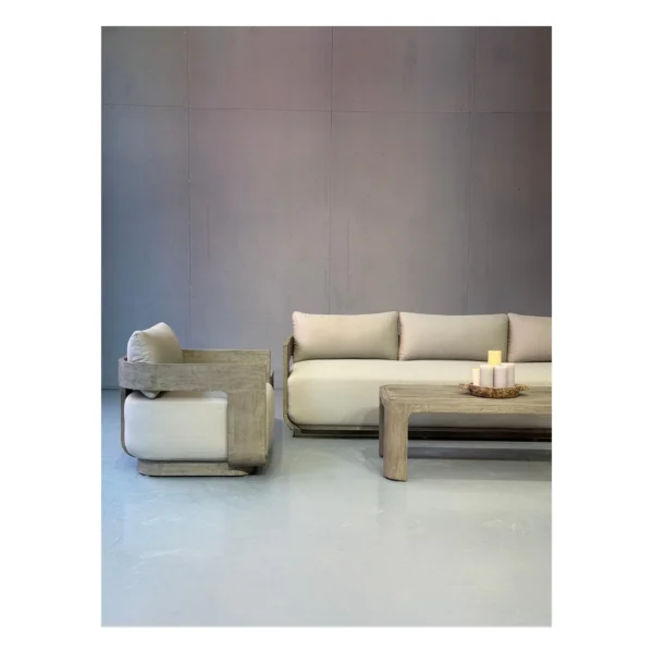 Weathered Teak Outdoor Sofa Set with Quick-Dry Cushions in slate — in a room setting