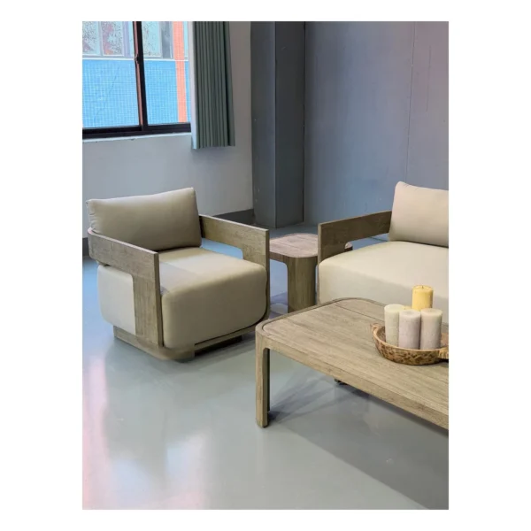 Weathered Teak Outdoor Sofa Set with Quick-Dry Cushions in slate — in a room setting