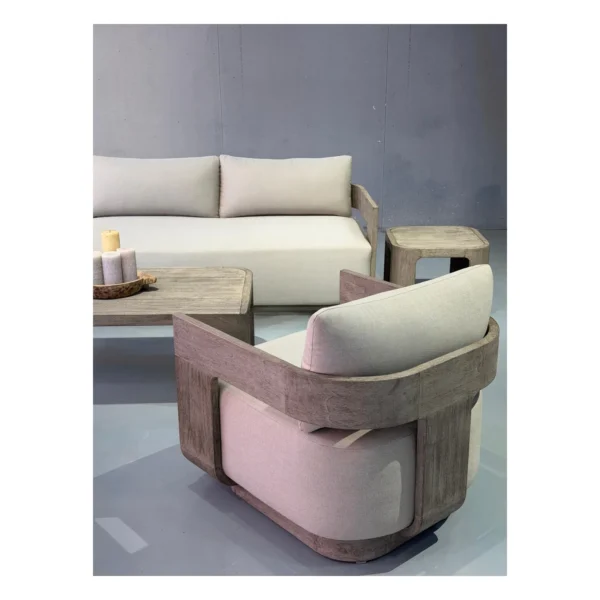 Weathered Teak Outdoor Sofa Set with Quick-Dry Cushions in slate — in a room setting