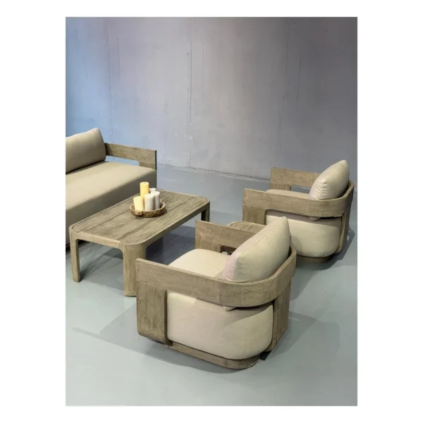 Weathered Teak Outdoor Sofa Set with Quick-Dry Cushions in slate — in a room setting