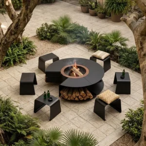 Matte Black Outdoor Fire Pit Table with Log Store and Stools in black — front view